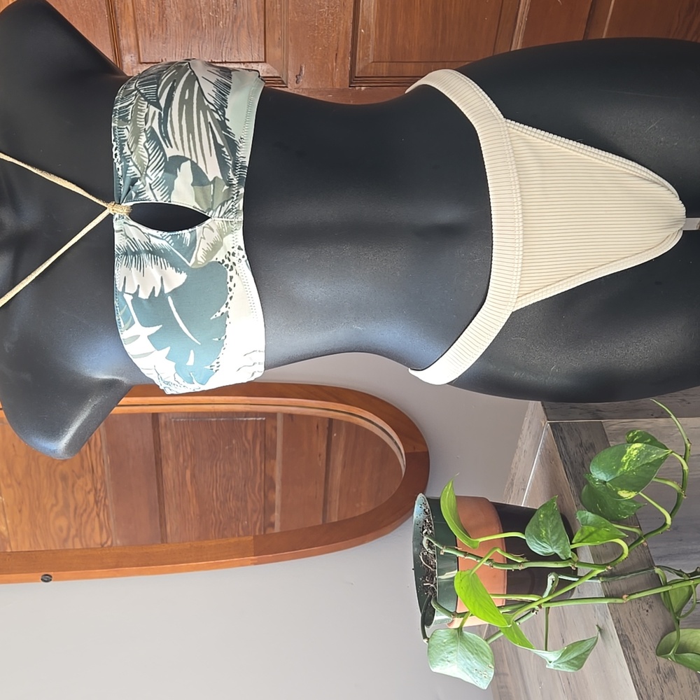 Tropical Leaf Bandeau Bikini Top/ OneOne Ribbed Cheeky Bottom Bundle Small